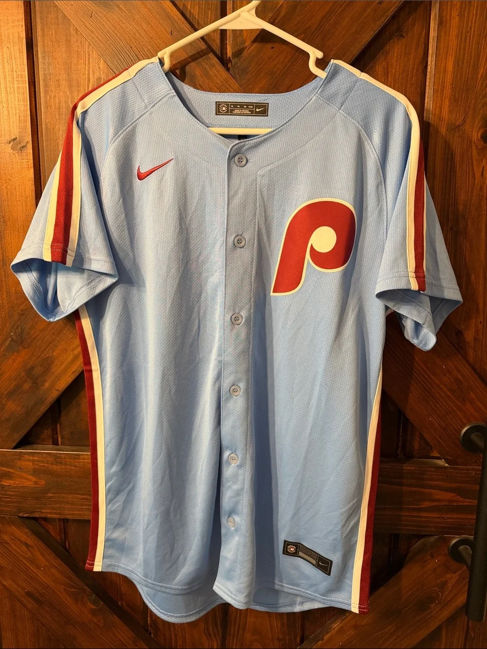 Nike Light Blue Phillies Alternate Button-Front Jersey with Red Trim